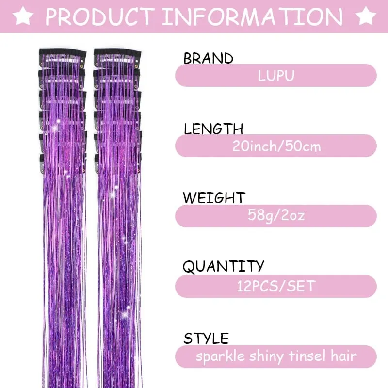 틴셀 헤어 익스텐션의 12Pcs 퍼플 클립 헤어피스 컬러 헤어 틴셀 키트 파티 하이라이트 여성 및 어린이를위한 헤어 액세서리 — image 3