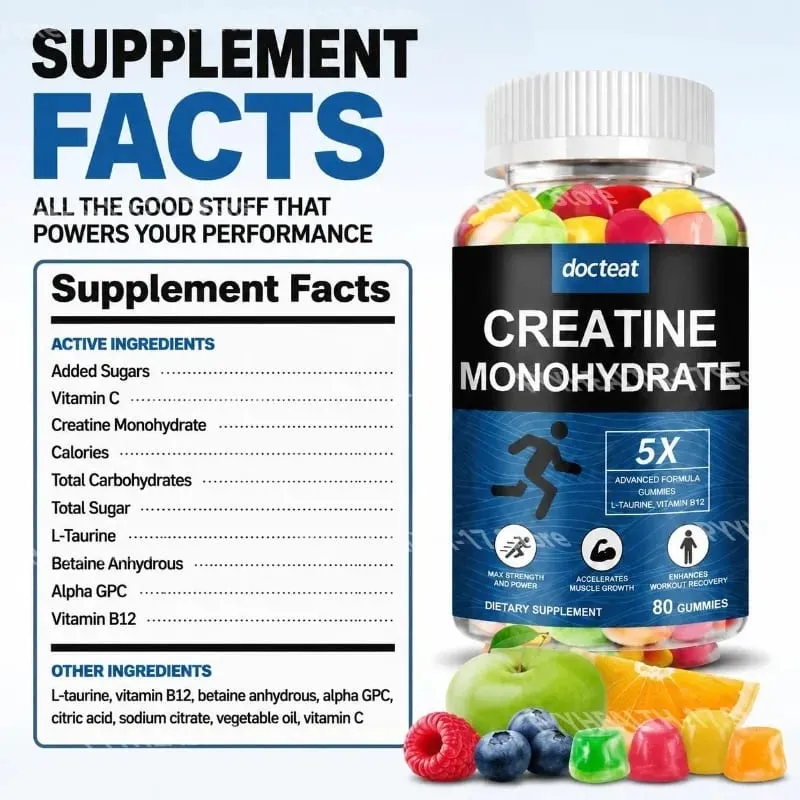 Docteat Creatine Monohydrate Gummies Chewable for Strength and Power Supports Muscle Growth and Workout Recovery 80 Gummies — image 2
