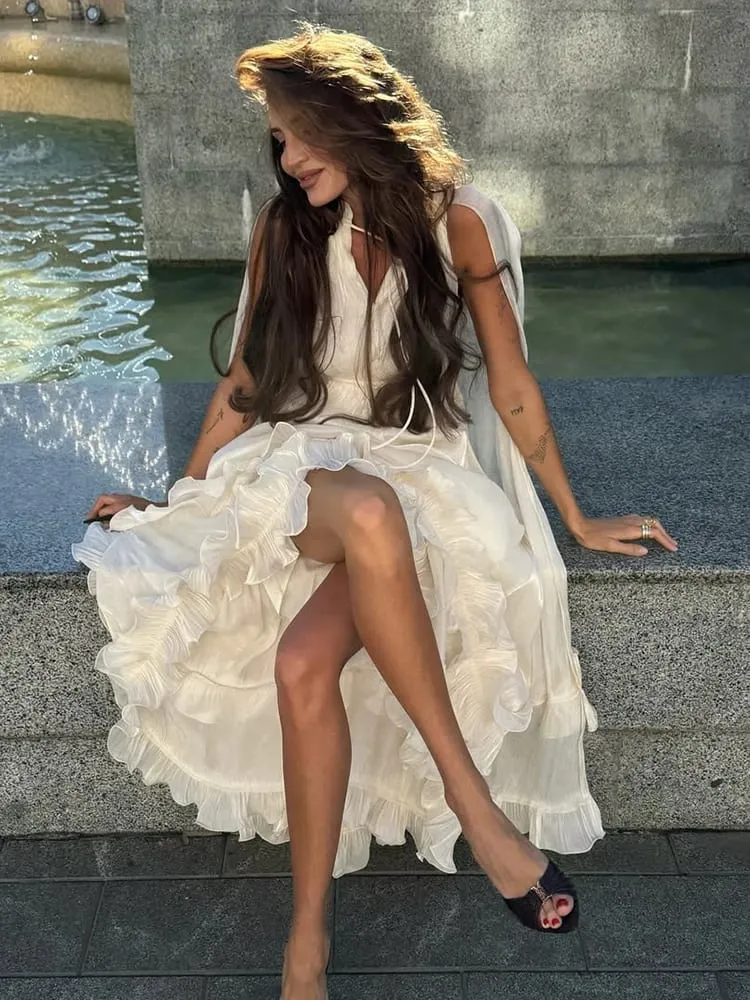 Women Solid Ruffle Maxi Dress Fashion Lapel High Waist V-neck Sleeveless Pleated Chic Dresses 2026 Summer Lady Evening Robes — image 6