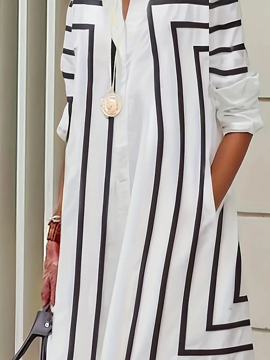 Women's Casual Striped Button Loose Fit Knee-Length Short Sleeve Black & White Vertical Stripes for Spring Summer Fall — image 5