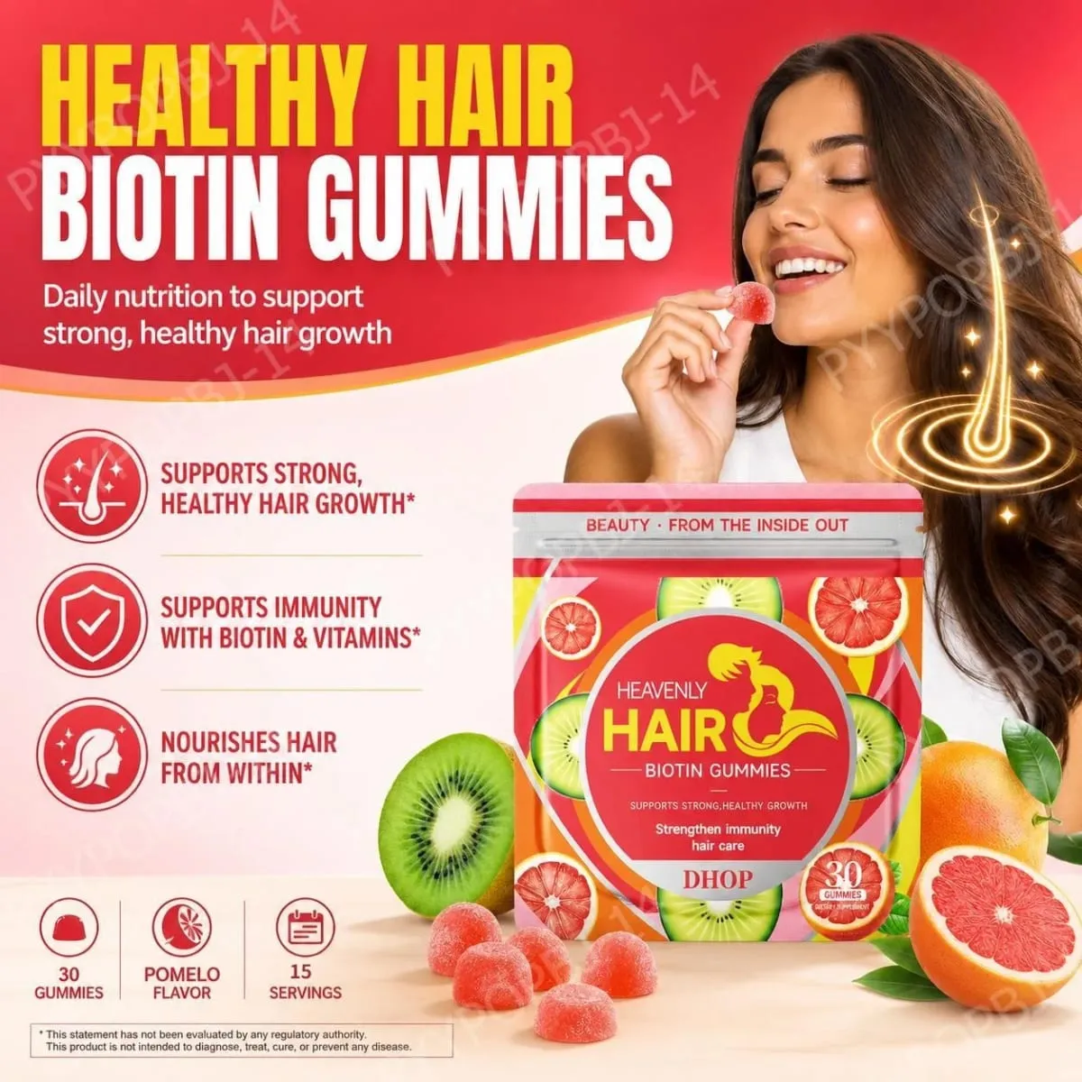 Biotin Gummies with Vitamin C and B12 Supports Strong Healthy Hair Growth Hair Care with Kiwi and Pomelo Extract - 15 Servings — image 1