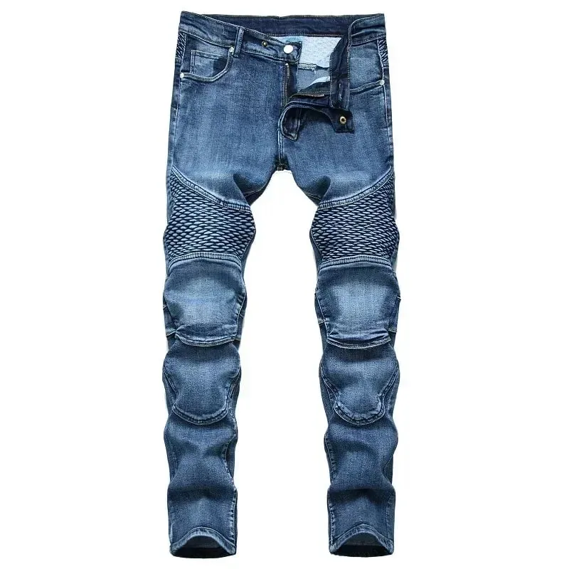 Nuovi jeans da moto casual da uomo Hip Hop Street Riding Pantaloni dritti slim fit elasticizzati Patchwork Pantaloni in denim moda maschile
