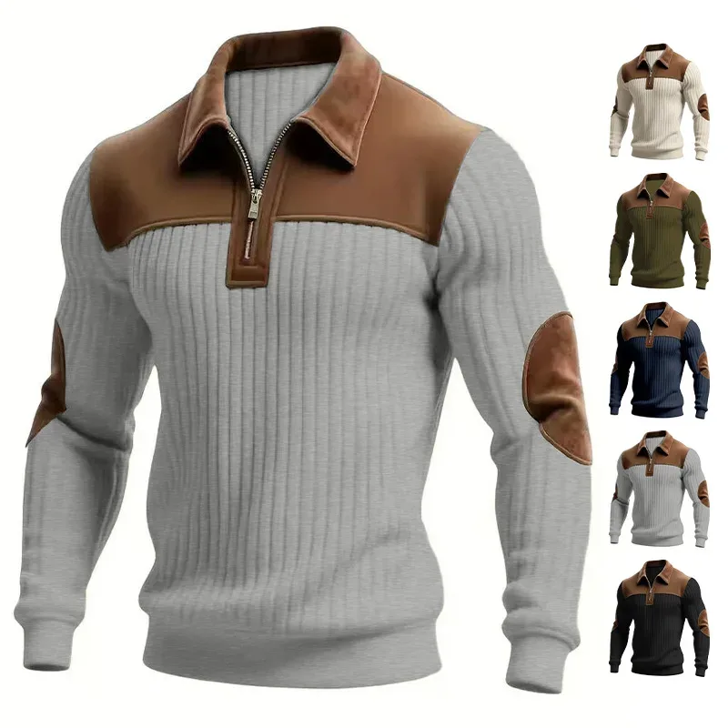 Hoodies men's sweatshirt 2026 new knitted lapel stitching embroidery casual sports autumn zipper sweatshirt man's clothing
