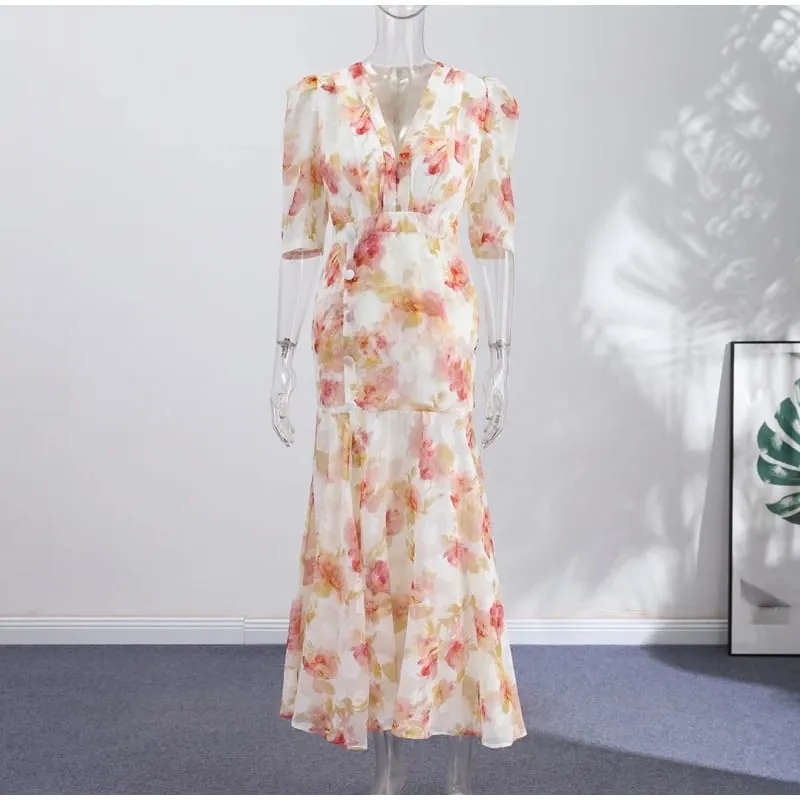 Women Printed V Neck Long Dress Flared Sleeve Lotus Leaf Edge High Waist Slim Fit Maxi Dresses Lady Elegant Evening Party Dress — image 5