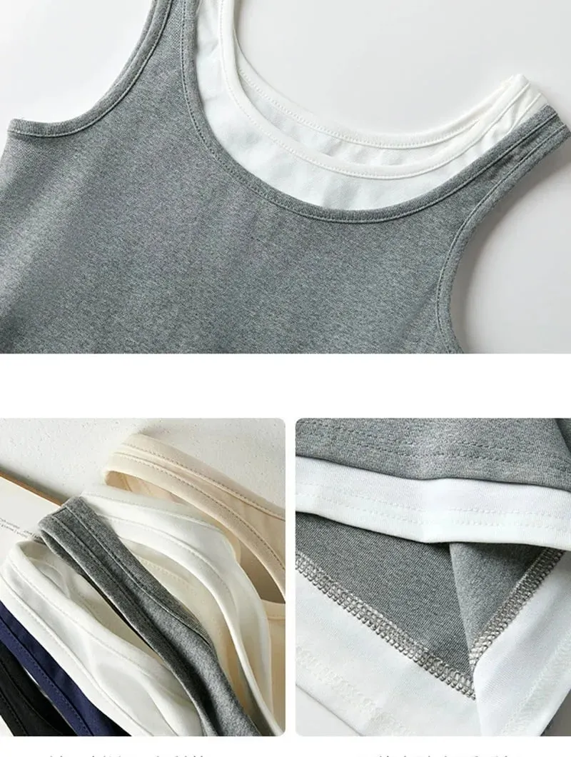 Y2K Fake Two Pieces Tank Tops for Women Fashion Contrast Color Round Collar Sleeveless Vest 2026 Summer New Slim Short Camis — image 8