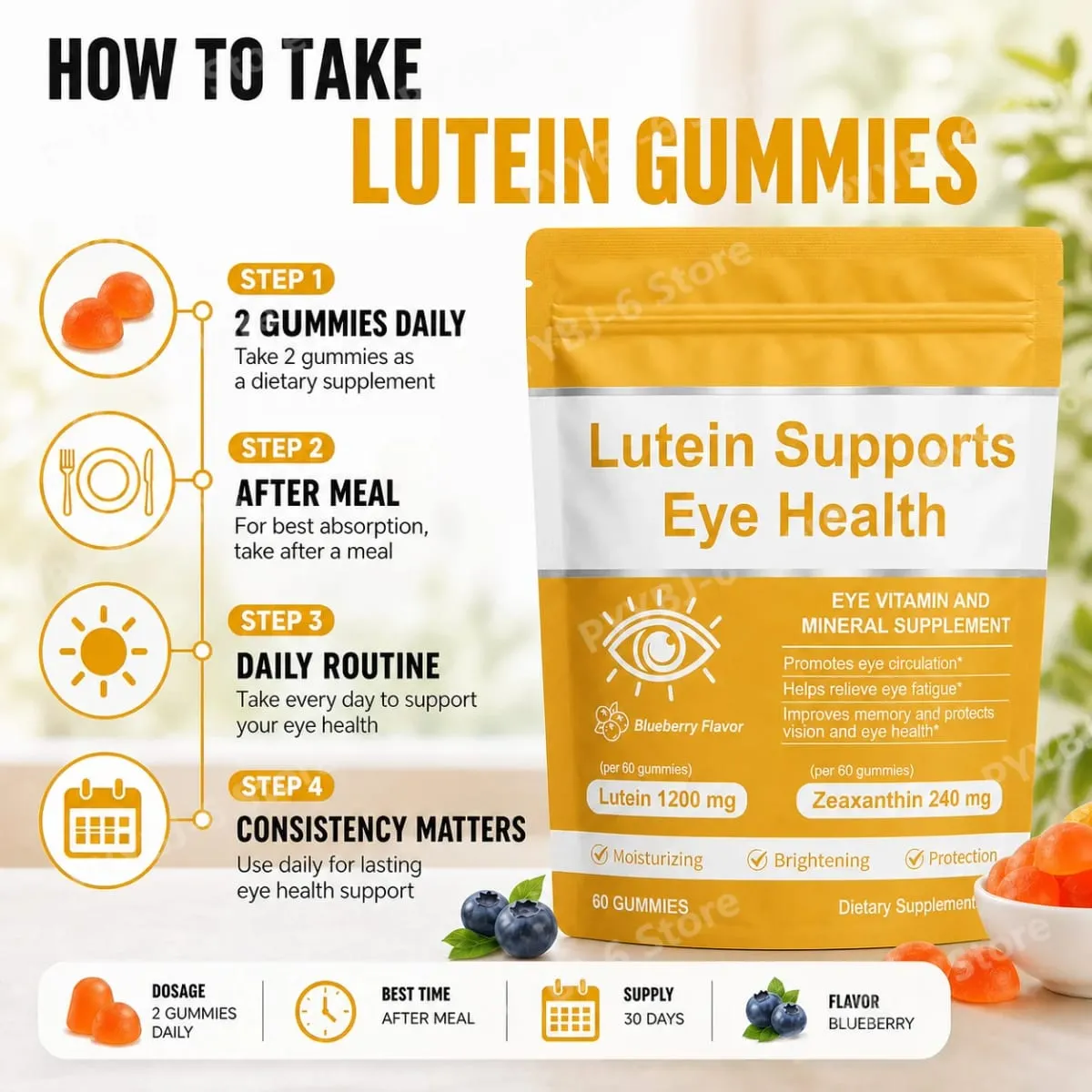 Lutein Eye Health Gummies with 40mg Lutein 8mg Zeaxanthin Vitamins A C E Blueberry Flavor Supports Visual Wellness 60 Gummies — image 5