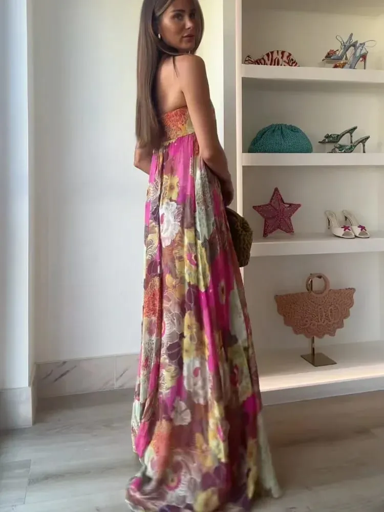 Women Fashion Printed Strapless Maxi Dress Elegant Off Shoulder Backless Sleeveless High Waist Gown Summer New Lady Party Robes