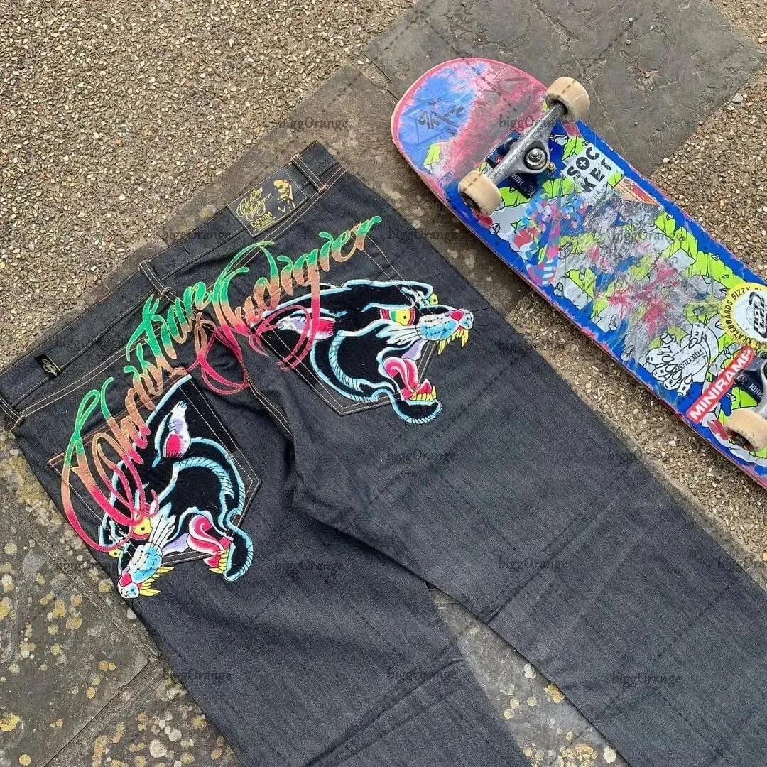 Mens Jeans Streetwear Y2K Vintage Straight Leg Denim Pants Skull Rose Flame Print Design Loose Fit Retro Punk Hip Hop Fashion — image 9