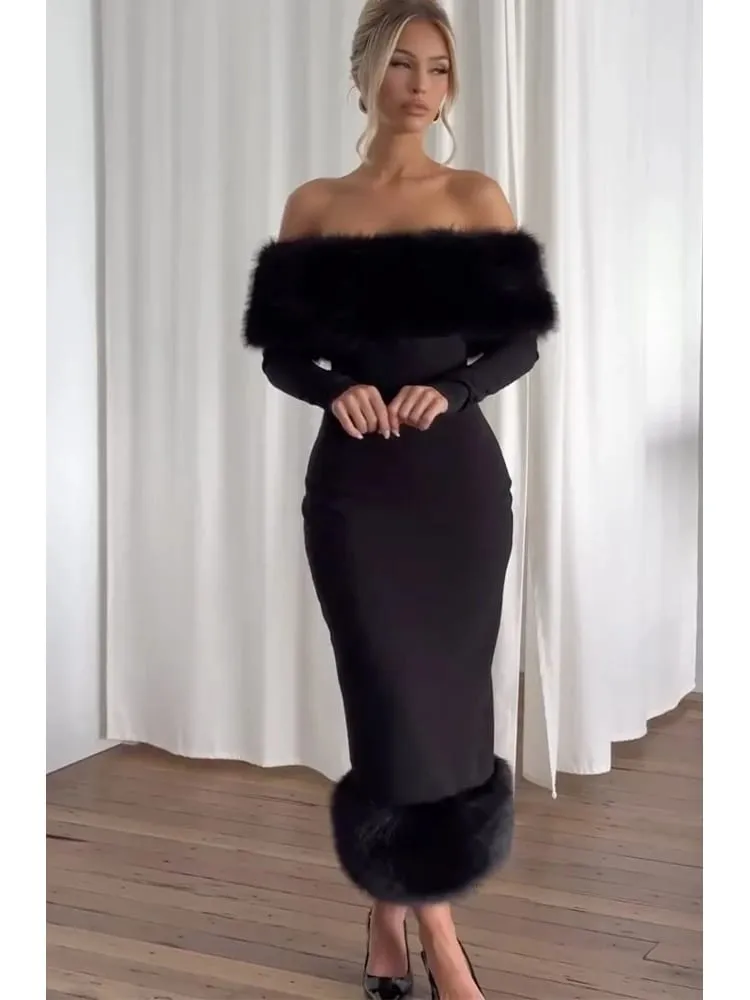 Vestido sin tirantes de piel sintética con retales para mujer, vestido Sexy con hombros descubiertos y manga larga ceñido al cuerpo, vestido de noche de fiesta para mujer