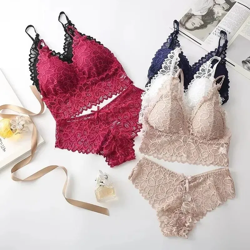 Lace Sexy Women Underwear Set Seamless Wire Free Bra Sets Hollow Out Bra and Panty Sets For Women Embroidery Intimates Lingerie