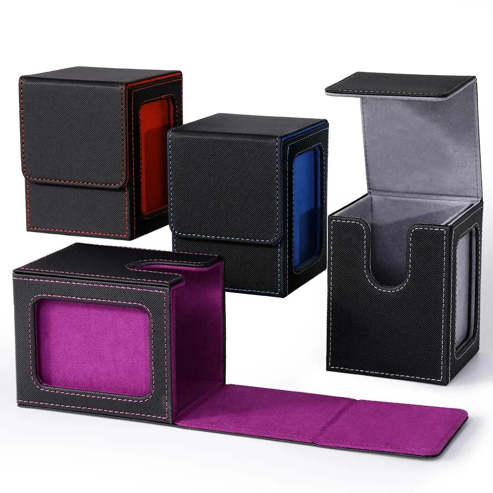 4 Pack Card Deck Box with Display Window Hold 120+ Single Sleeved Cards Magnetic Closure PU Leather Card Box for TCG Cards
