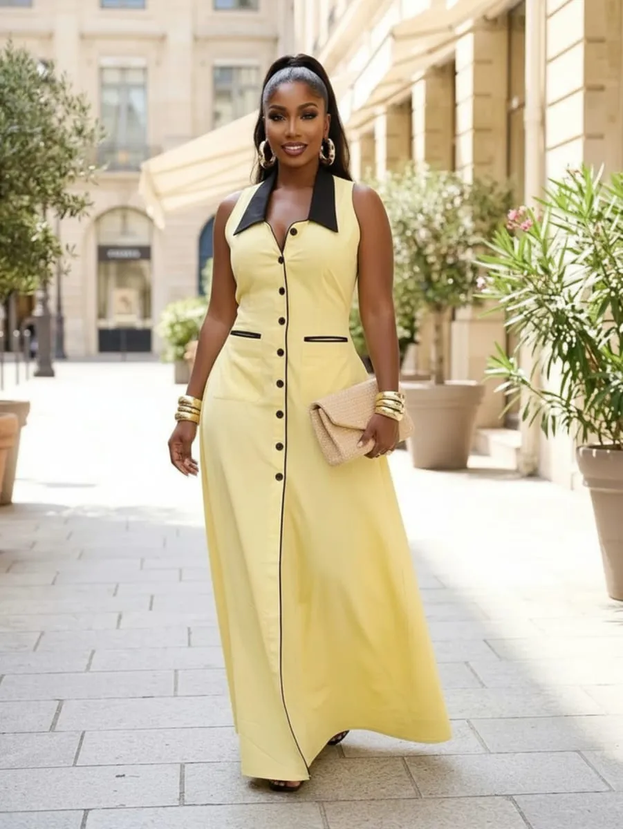 Women Sleeveless Contrast Lapel Button‑Front Split Maxi Dress With Pockets Daily Commute Street Casual Long Dress