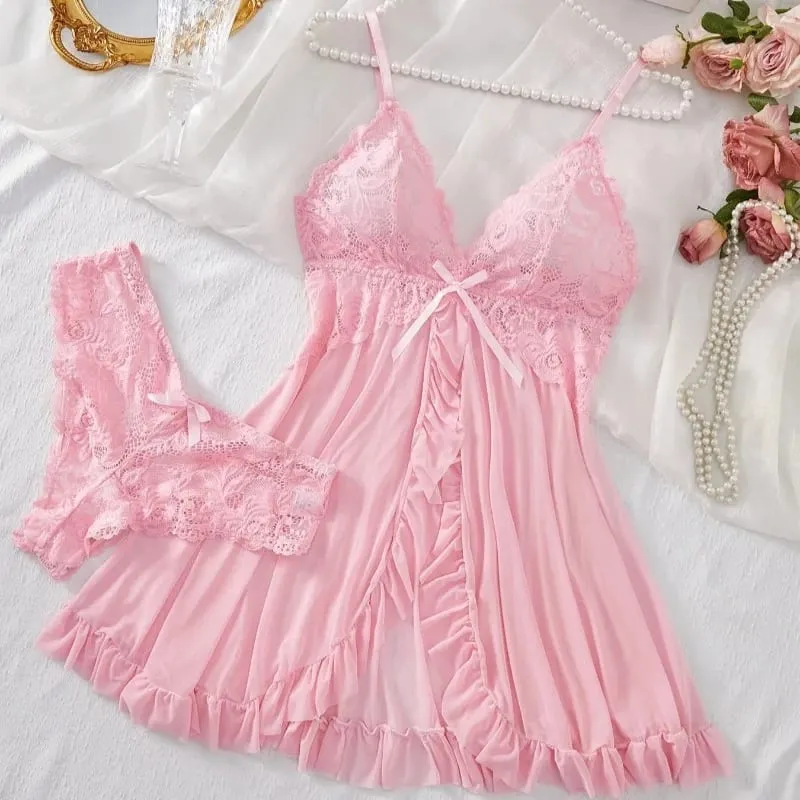 Sexy Lingerie Set Women Erotic Bra Nightdress Sexy Lace Sleepwear Solid Slim Soft Dresses V Neck Full Slip Sleepwear & Dresses — image 3