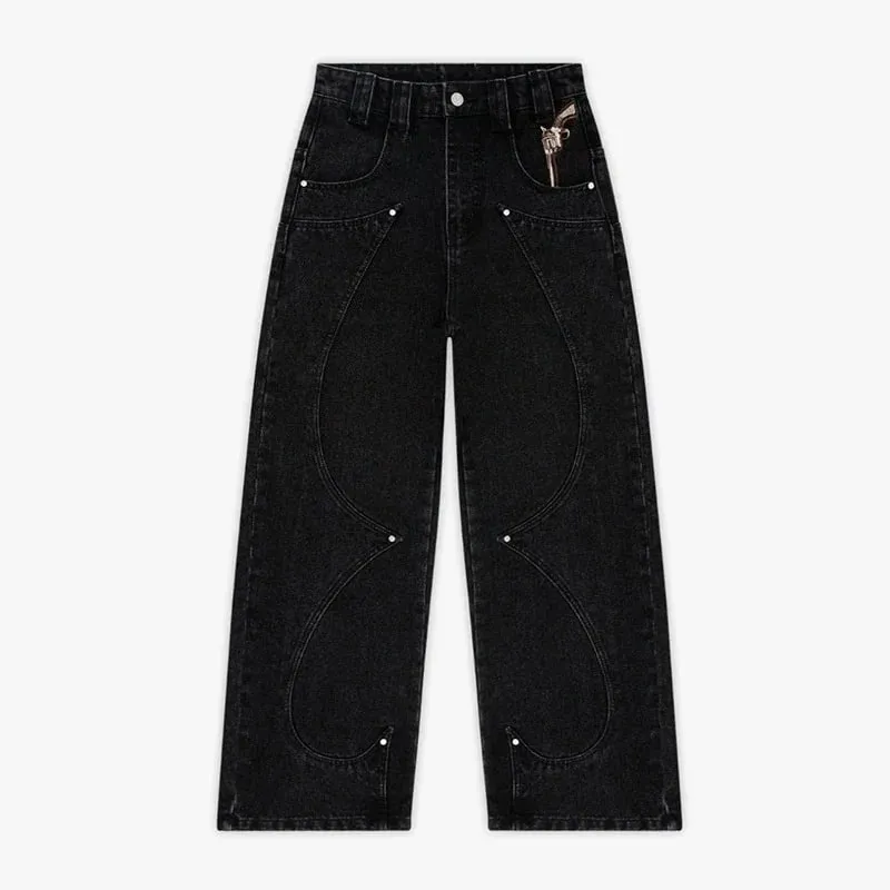 Men Black Baggy Jeans with Warrior Embroidery Pockets Wide Leg Denim Pants Y2K Streetwear Hip Hop Trousers — image 2