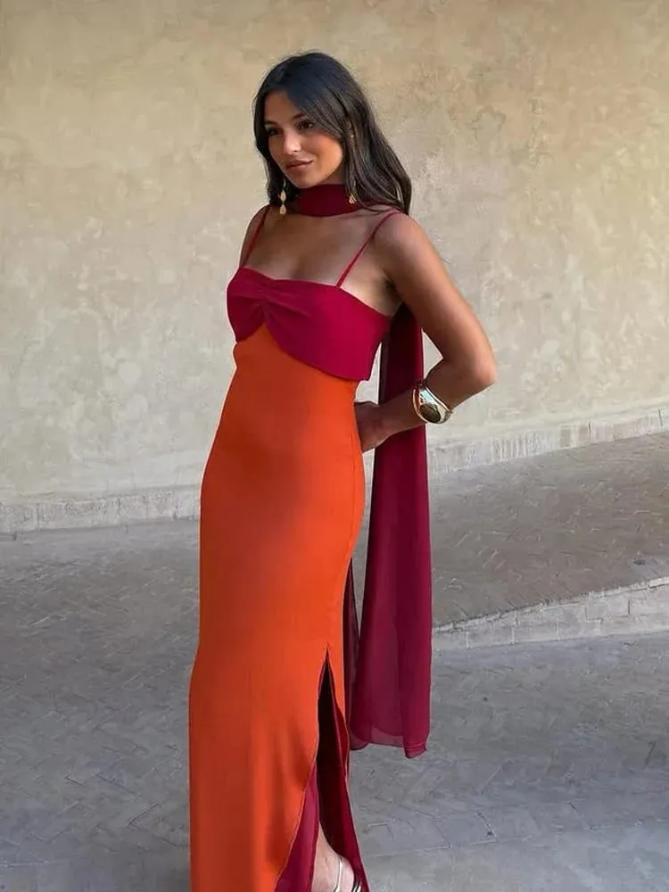 Fashion Women Color Blocking Scarf Collar Sling Dress Sexy Split Waist Cinching Bodycon Maxi Gowns 2026 Lady Club Party Vestidos — image 4