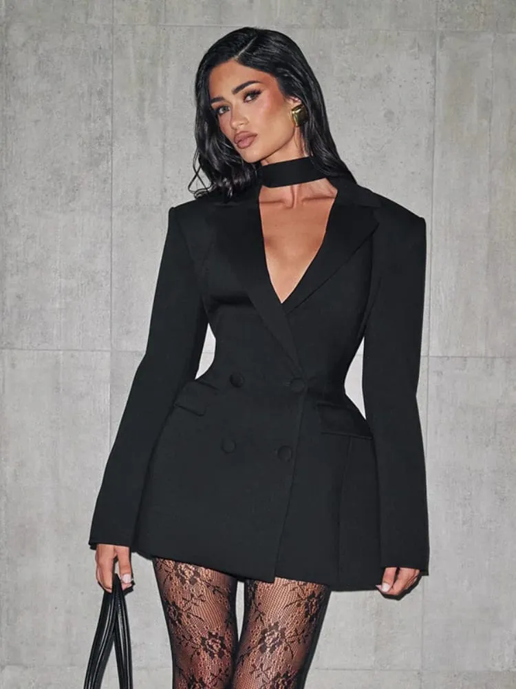 Chic Waist Cinching Mini Dress Women Fashion Full Sleeve Deep V-neck Double Breasted Short Dresses Lady Daily Party Street Gowns — image 5