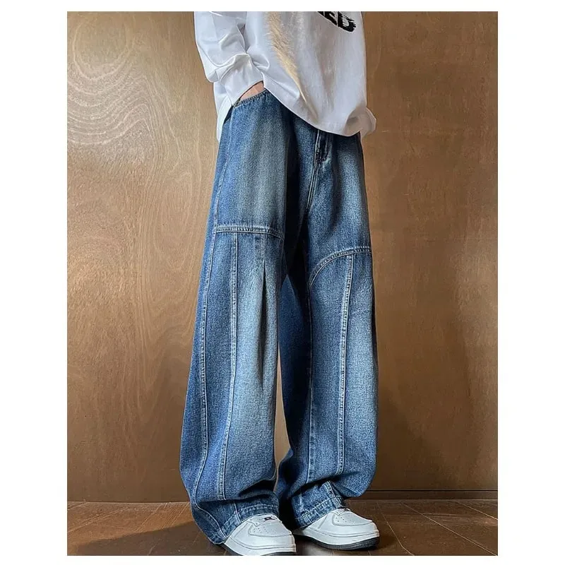 Men's Jeans Man Pants Spring American Retro Patchwork Comfortable Big Size Loose Denim Pants Plus Size Bottoms Stylish Casual