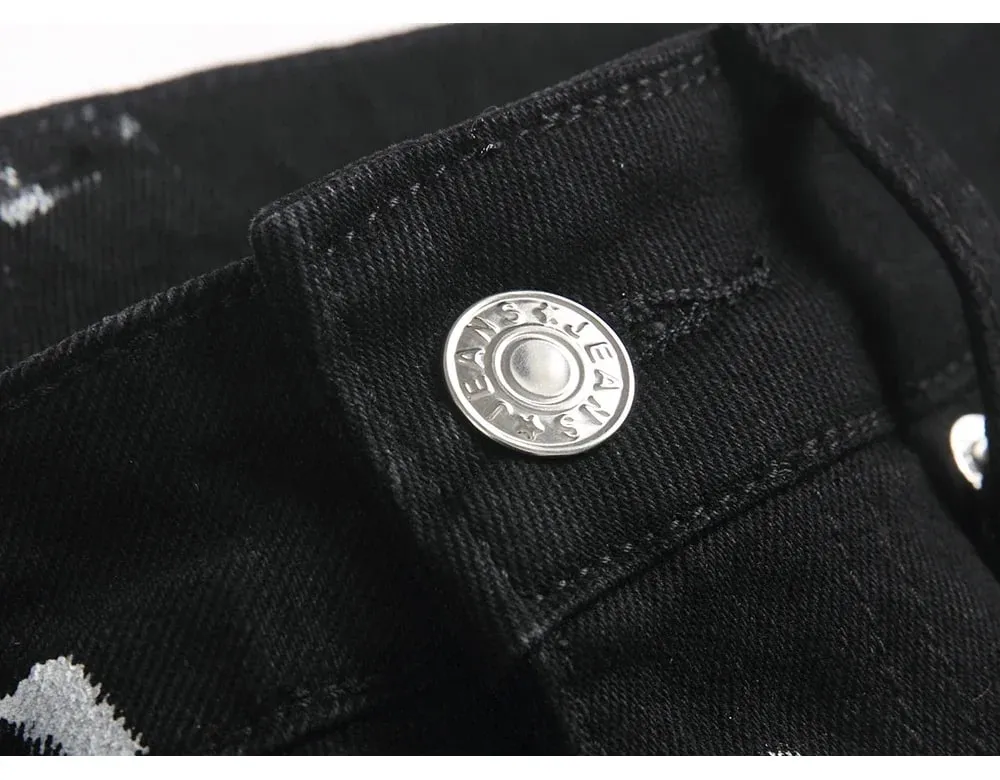 Men Painted Slim Tapered Jeans Punk Zipper Black Stretch Denim Pants Casual Streetwear Trousers — image 4