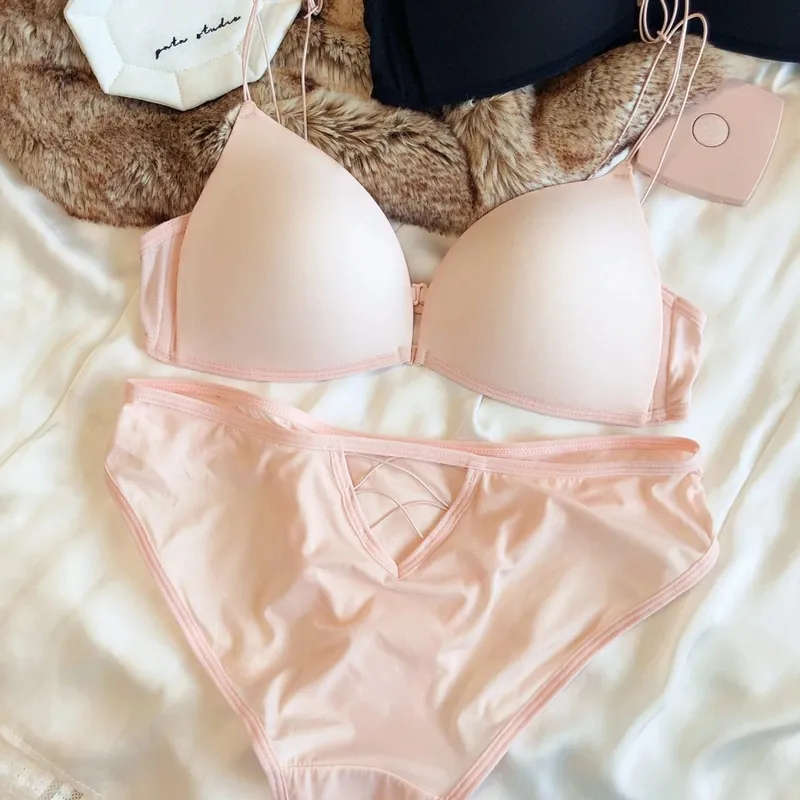 French Front Buckle Women Underwear Sexy Hollow Push Up Bra Set Summer Thin Cup Backless Bralette Fine Shoulder Strap Lingerie — image 8