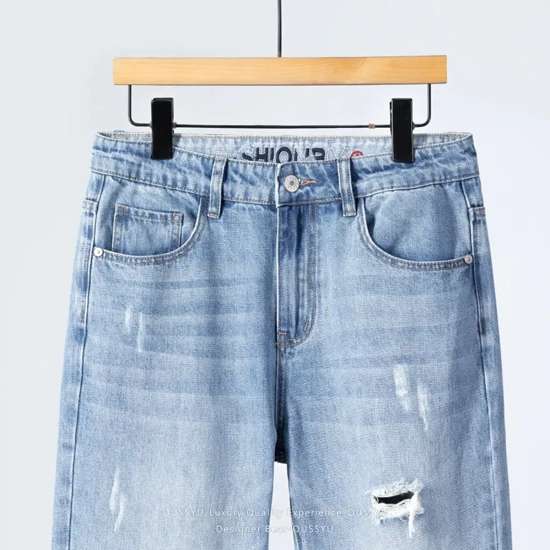 2026 Men's Spring Summer Ripped Hole Jeans Korean Style Straight Leg Casual Harem Denim Pants Distressed Washed Baggy Trousers — image 6