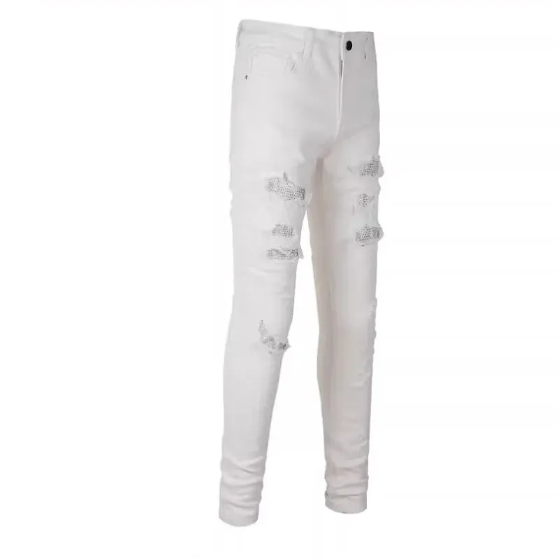 Diamond-encrusted Washed Ripped Patch Patchwork Hot Diamond Jeans Beggar Pants Men