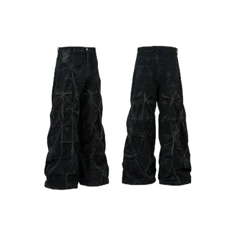Mens Jeans Harajuku Y2K Streetwear Black Pleated Baggy Denim Pants High Street Hip Hop Wide Leg Loose Fit Casual Fashion Trend