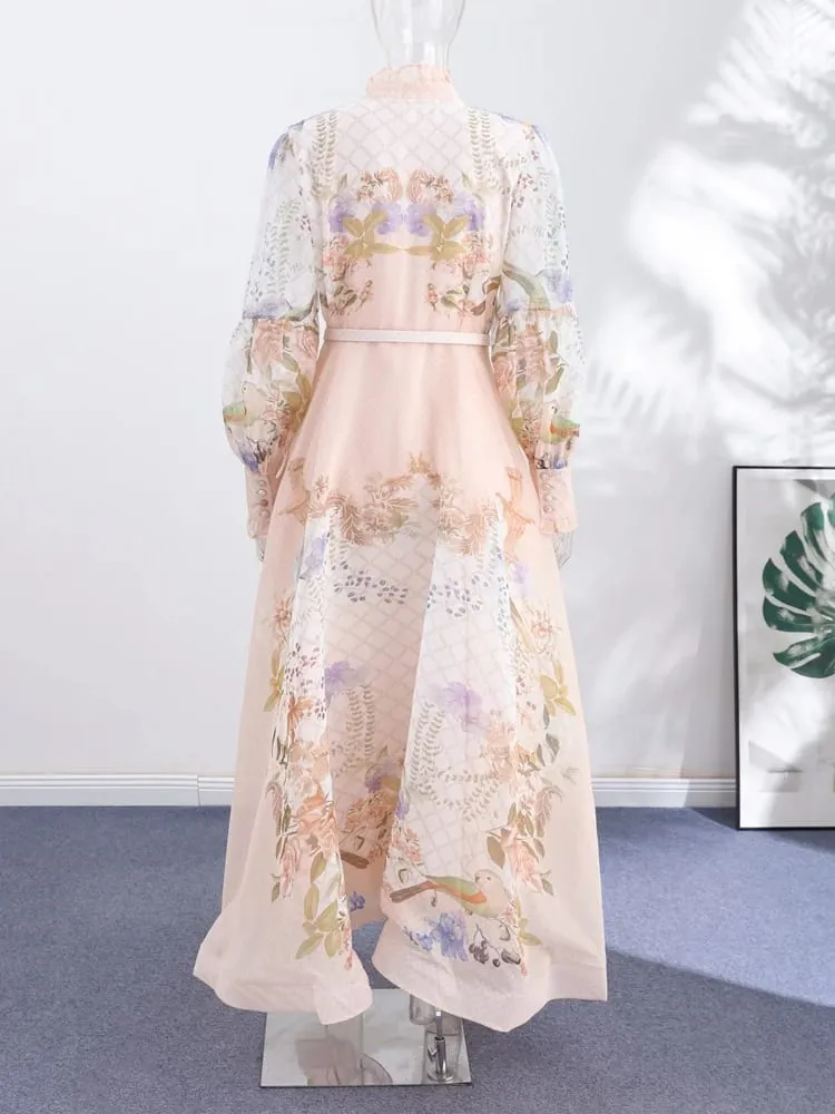 Spitze Gedruckt frauen Kleid Elegante Halb Hohe Kragen Lose Hülse Einreiher Gürtel Weiblichen Rock 2026 Sommer Dame Drapierte robe — image 7