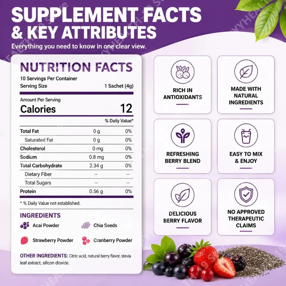 Acai Berry Drikkepulver med Chiafrø Jordbær Tranebær Til Antioxidant Daglig Wellness & Immunsystem Support Voksen 40g