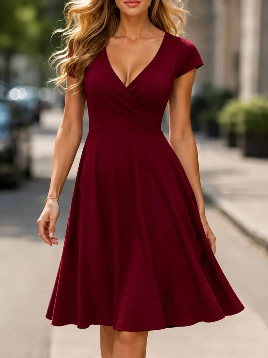 Women's Elegant Round Neck Summer Short Sleeve Solid A-Line Knee-length Dress High Waist Swagger Party Wedding Casual Departure — image 4