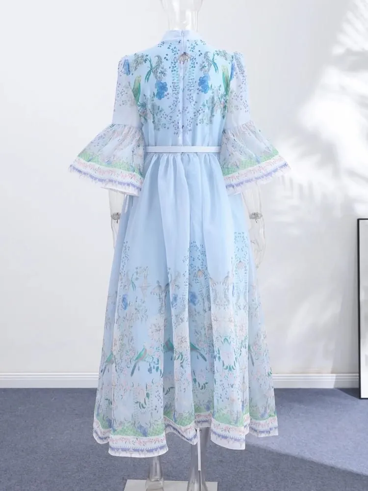 Elegant Printed Belted Maxi Dresses Women Slim Puff Sleeve Lace-up Stand Collar Dress 2026 New Ladies Summer Party Evening Grown — image 2