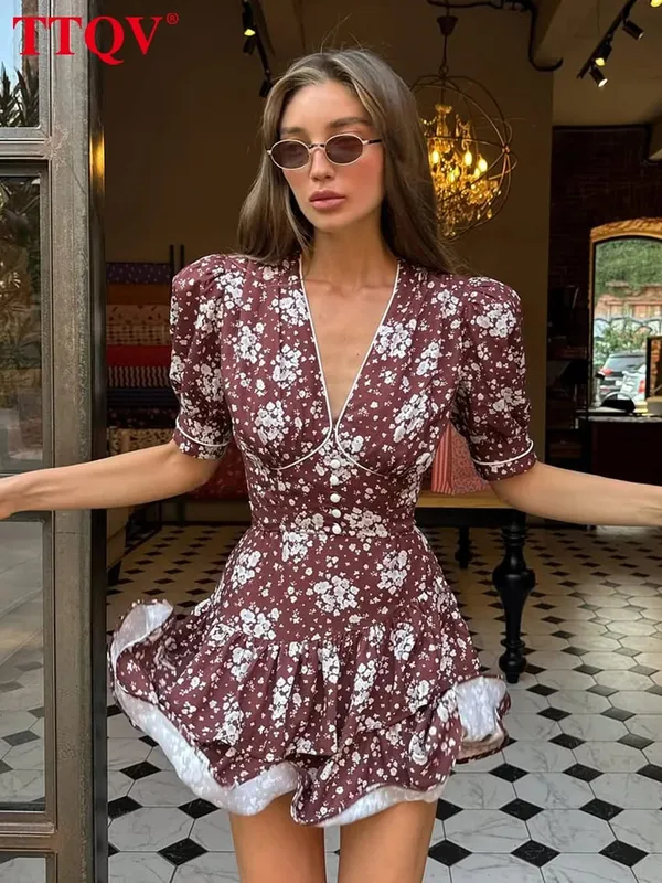 Summer Slim Print Women's Dress 2026 Sexy V-Neck Short Sleeve Mini Dresses Elegant Classic Pleated Female Dress Streetwear