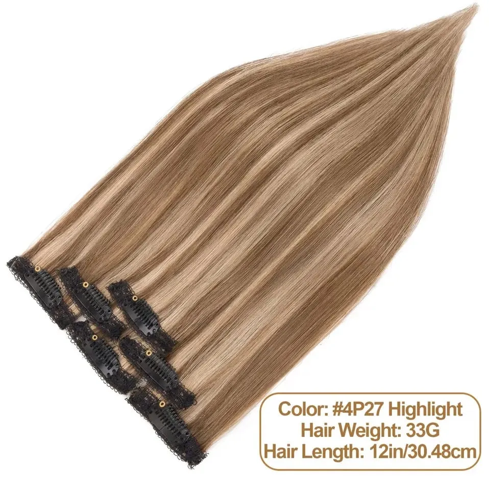S-noilite 6 PCS Remy Clip In Human Hair Extensions Single Clip Ins Thick Hair Extensions Highlight Seamless Hairpieces for Women