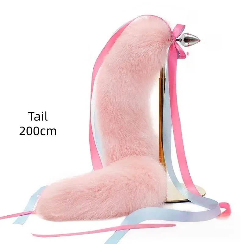 200cm Soft Real Fur Fox Tail Anal Plug with Split Design Metal Butt Plug for Women Cosplay Costume Flirt Sensory Sex Toys