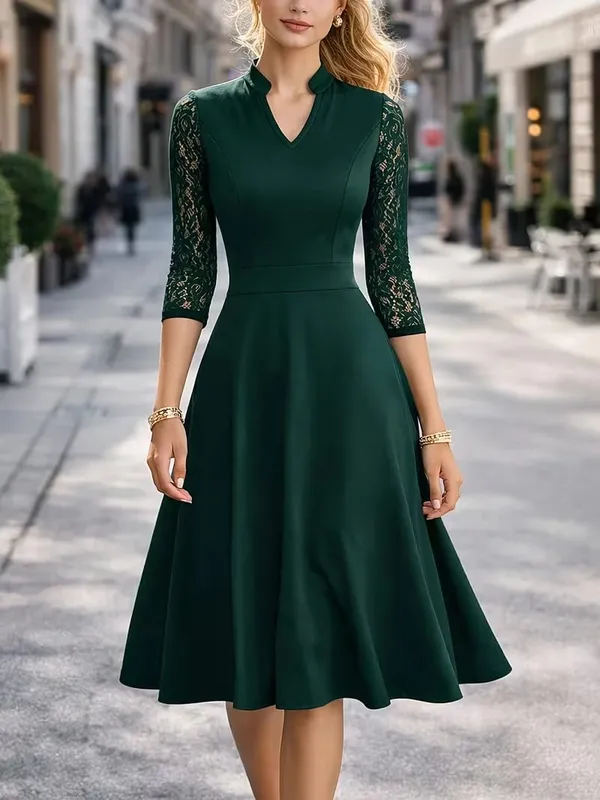 Women Sexy V-Neck Lace 2/3 Sleeve Summer Work Office Knee Length Base Show Thin Temperament Fit And Flare Swing A-Line Dress — image 2