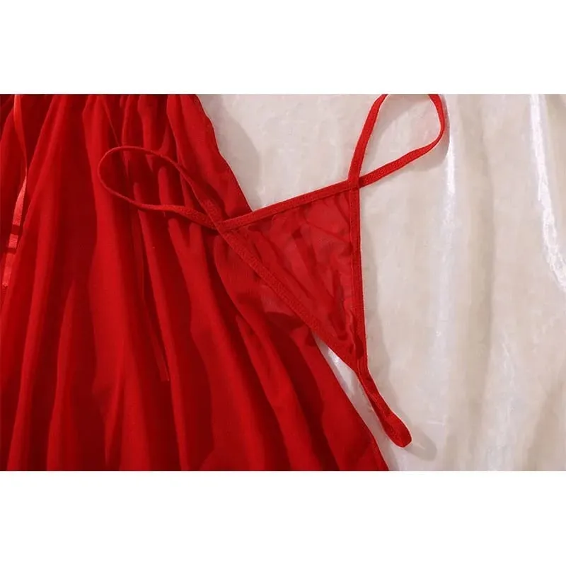 Sexy Bra And Garter Belt Lingerie Hot Red Babydoll Dress Erotic Women Exquisite 3-Piece Sets Thong Nightgown Set With Leg Rings — image 4
