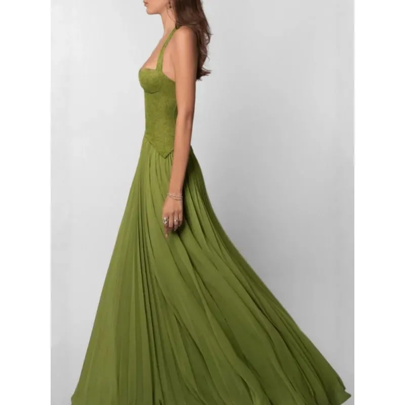 Green Fishbone Corset Halter Maxi Dress Women Backless Off Shoulder Pleated Patchwork Slim Dresses Lady Christmas Party Gown New