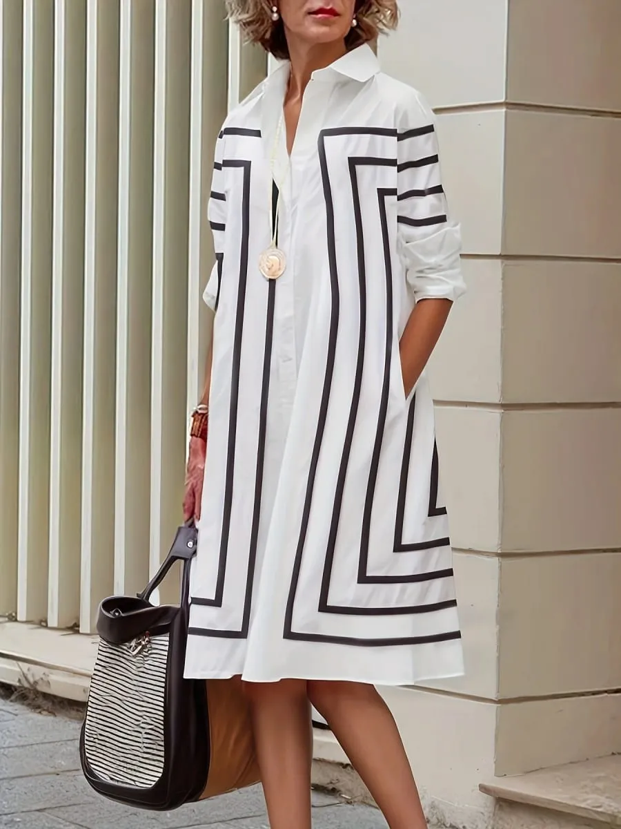 Women's Casual Striped Button Loose Fit Knee-Length Short Sleeve Black & White Vertical Stripes for Spring Summer Fall — image 2