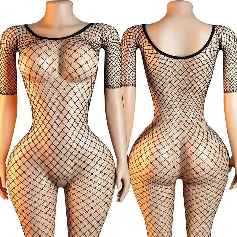 Black Fishnet Off-Shoulder Open-Crotch Bodystocking Lingerie Set Sexy Crotchless Teddy Bra Women's Erotic Underwear — image 11