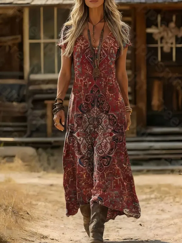 Plus Size Summer New Arrival Retro Ethnic Tie-Dye Dress V-Neck Short Sleeve Loose Boho Vacation Maxi Skirt — image 2