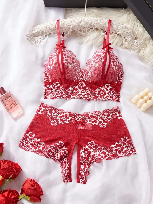 Sexy Lingerie Set Women Lace Bra And Panty See Through Floral Embroidery Bralette Transparent Erotic Underwear Bow Nightwear — image 10