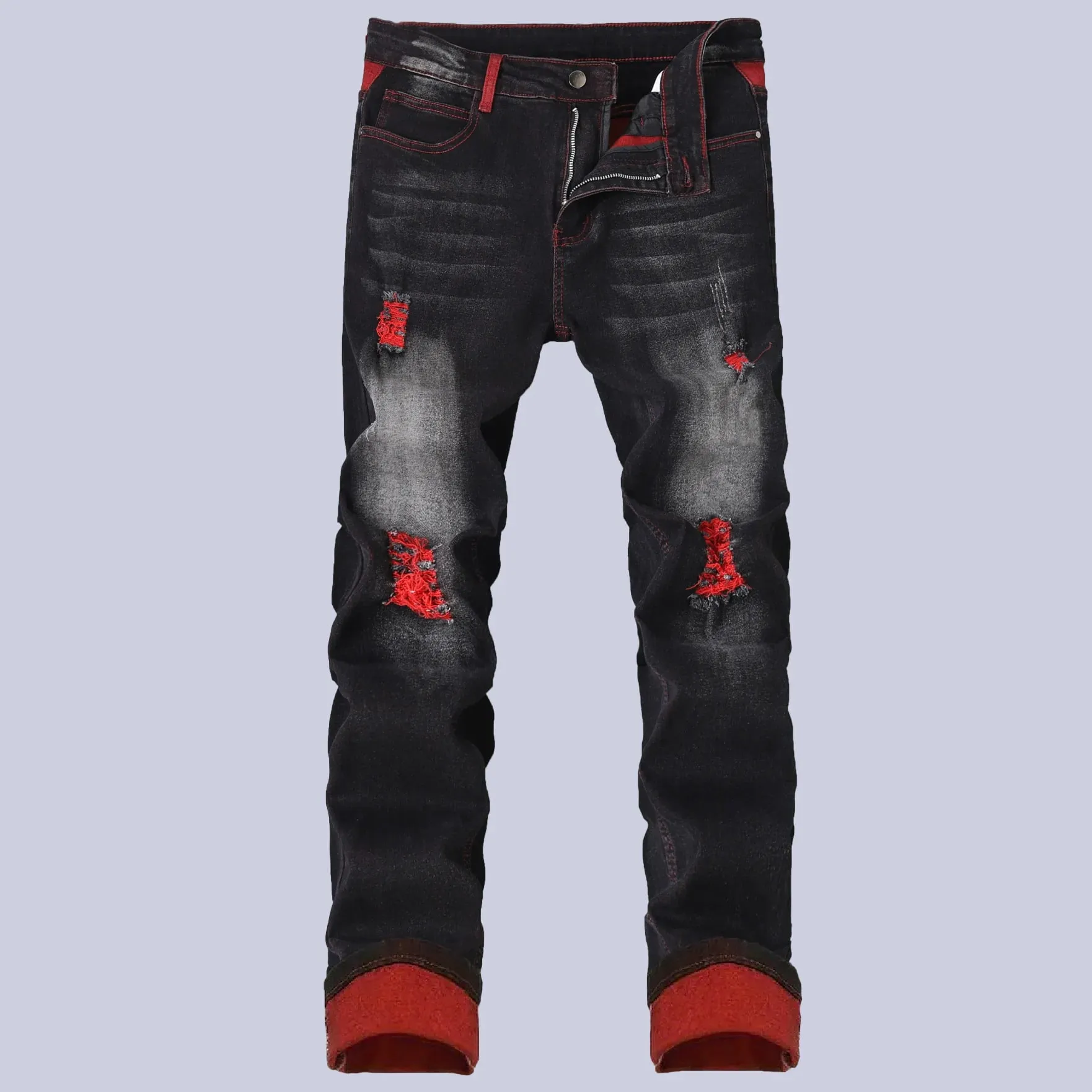 Vaqueros elásticos negros para hombre para primavera y otoño Pantalones vaqueros con detalles rasgados rojos Tallas asiáticas 28–42.