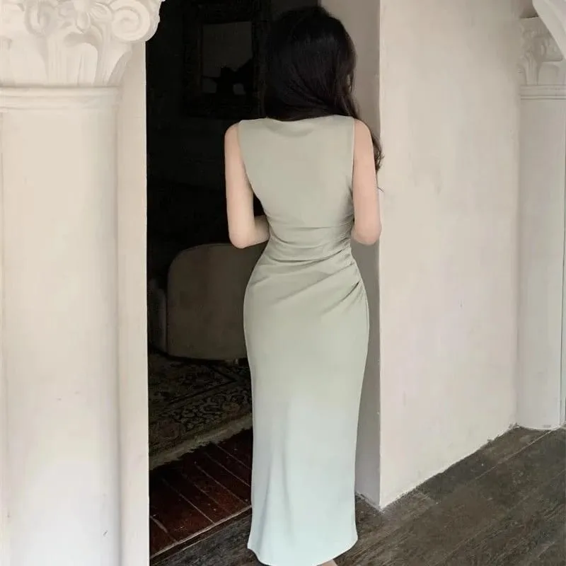 ผู้หญิงพรีเมี่ยมสีเขียวอ่อน Draped สแควร์คอกลางลูกวัวชุดเลดี้ Elegant แขนกุดด้านข้าง Slit หญิงฤดูร้อนชุดกระชับ — image 4