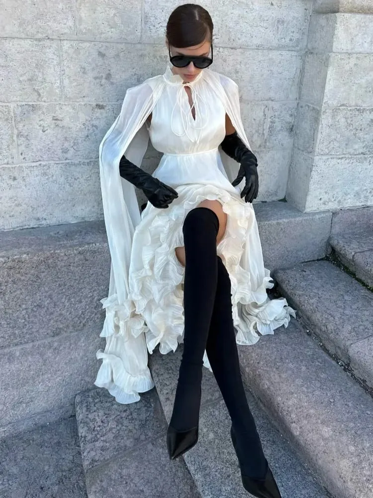 Solid White Ruffle Maxi Dress Women Fashion Lace Pleated Sleeveless Off-shoulder Long Dresses Lady 2026 Summer Holiday Robes New — image 5