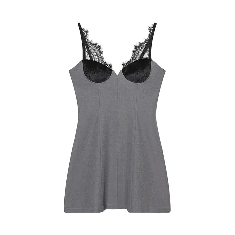 Gray Lace-Trimmed Camisole Dress Women V-neck Sleeveless Waist Cinching Dress Spring Summer Female Casual Outings Daily Matching