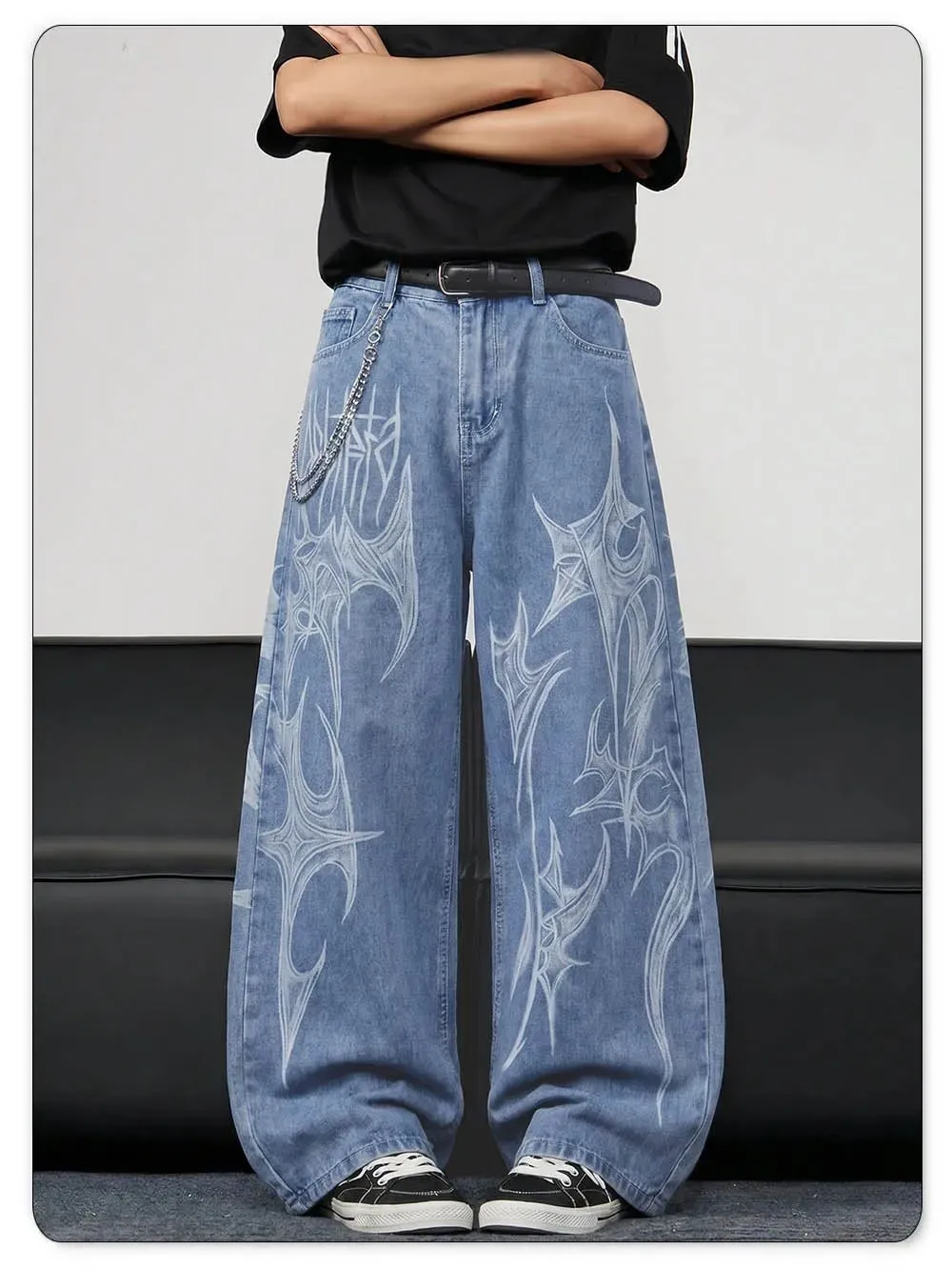 Ανδρικά casual σπιράλ γκράφιτι με στάμπα Hip Hop Oversized φαρδύ τζιν με φαρδύ πόδι Trendy Casual Slop Lazy Street Daily Denim Παντελόνι — image 4