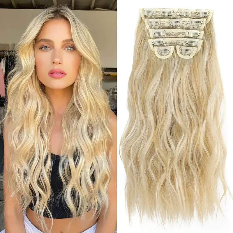 20 Inch Synthetic Long Wavy Hair Extensions Clip-in 6 Pieces Set Black Brown Blond Hairpieces for Volume And Length