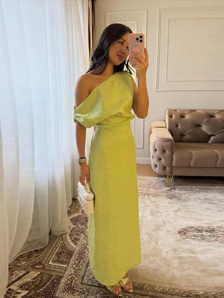 Pakaian Maxi Linen Luar Bahu Pinggang Slim-cinching Hip-Balut Buku lali Pakaian 2026 Baru Wanita Musim Panas Pakaian Luar Pejal