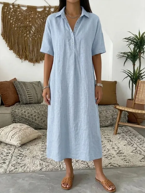 2026 Women's Spring and Summer New Casual Straight-Cut Comfortable Polo-Neck Linen Short-Sleeve Dress — image 2