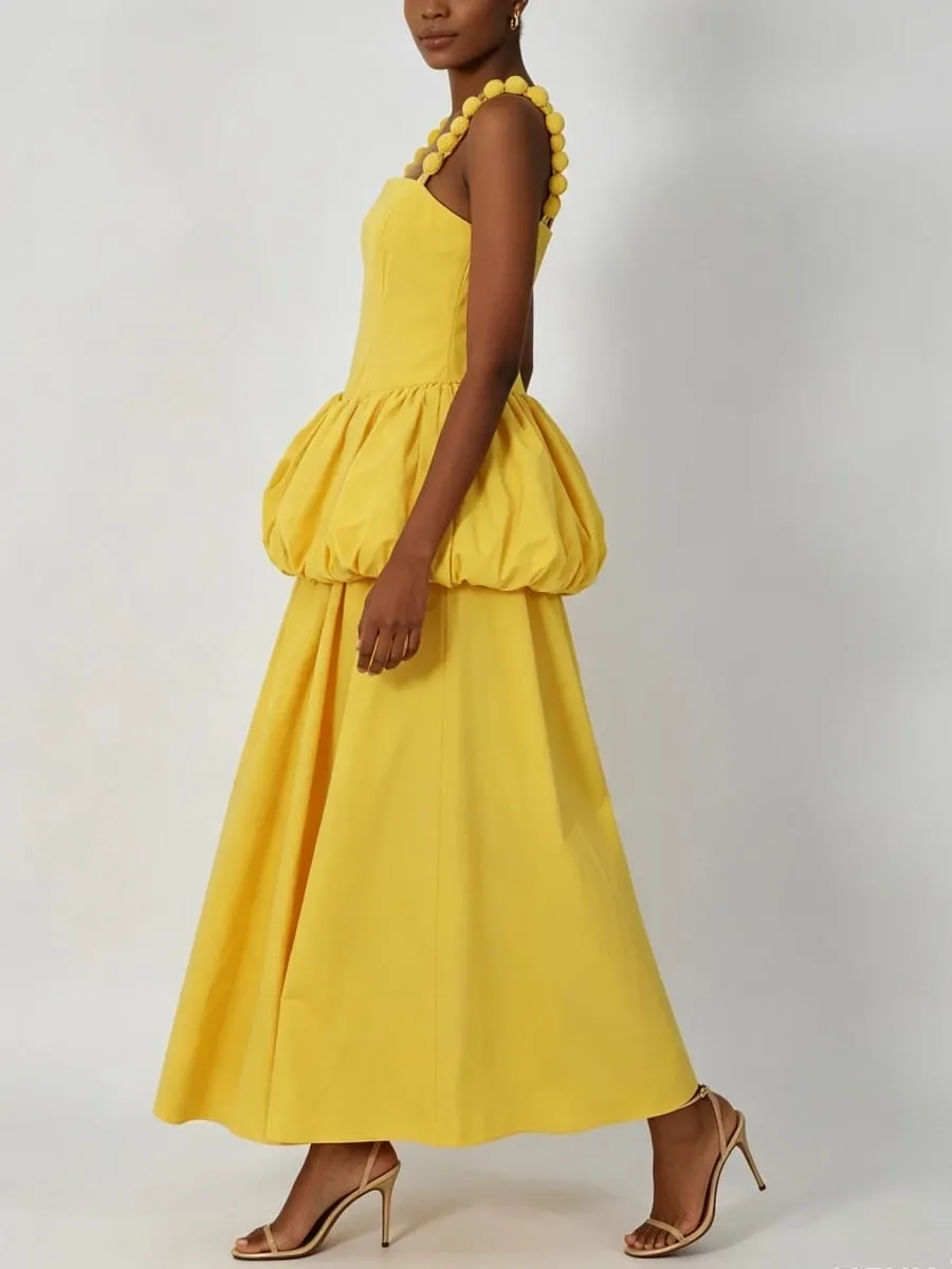 VGH Trend Yellow Maxi Dress Women Square Collar Sleeveless Folds Elegant Long Skirt for Club Evening Party Summer Fashion New — image 6