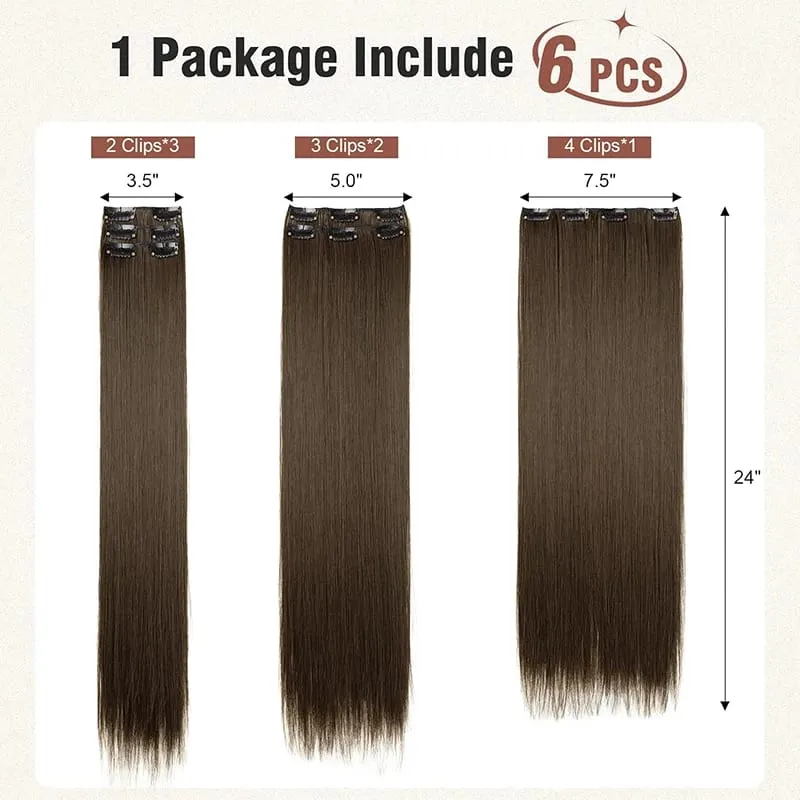 6PC Long Clip in Hair Extensions Brown Synthetic Straight Clip-in Hairpieces 24 inch Straight Hair Piece Extensions for Women — image 4
